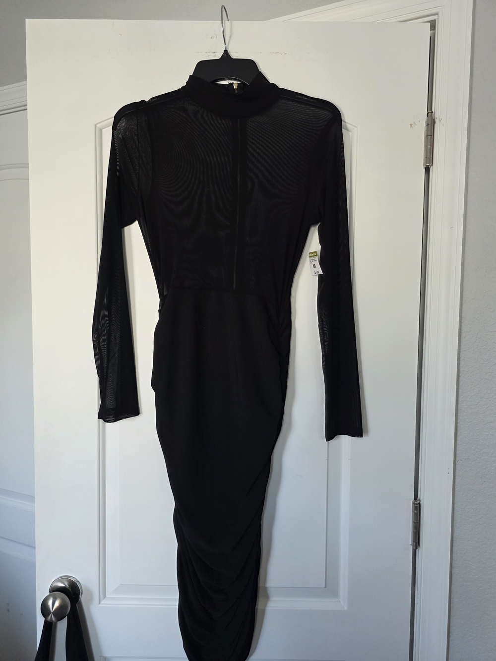 Black Long Sleeve Sheer Panel Midi Dress